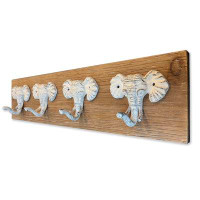 Bungalow Rose Rustic Wooden Wall Rack With 4 Solid Cast Iron Elephant Hooks