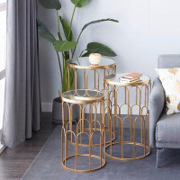 Everly Quinn Etchison 3 Piece Gold Metal Accent Table with Mirrored Glass Top Set, 22", 25", 28"H