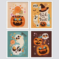 SIGNLEADER Cute Halloween Ghost Jack O' Lantern Candy Framed On Paper 4 Pieces Print