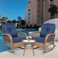Bayou Breeze 3 Pieces Outdoor Wicker Rocking Chair Set, Rattan Patio Rocker Chairs Set With Cushions And Glass-top Coffe