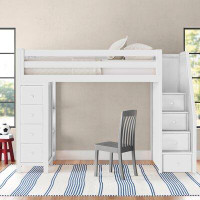 Three Posts™ Baby & Kids Lit mezzanine 8 tiroirs en bois massif avec bibliothèque Tyree par Three Posts Baby & Kids