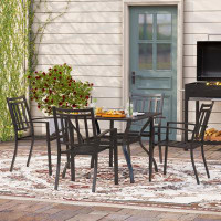 Lark Manor Steelside™ Dining Set 5 Pcs 1 Metal Square Garden Umbrella Table 37" And 4 Armrest Chairs For Ourdoor Backyar