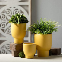 Ebern Designs 8.5", 7.5" & 5.25" Matte Yellow Goblet Planters Set of 3, Ceramic