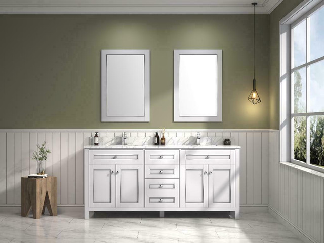 36, 48, 60 & 72 White with Chrome Accents Bathroom Vanity w Carrara White Marble ( Dovetail Drawer ) in Cabinets & Countertops - Image 3