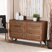 Sand & Stable™ Bay Isle Home™ Studio Rodney Mid-Century Modern Walnut Brown Finished Wood And Synthetic Rattan 6-Drawer