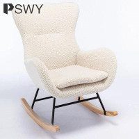 PSWY Teddy Fabric Padded Seat Rocking Chair With High Backrest And Armrests, Beige
