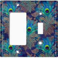 WorldAcc Metal Light Switch Plate Outlet Cover (Peacock Feather 3 - (L) Single GFI / (R) Single Toggle)