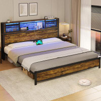 Wrought Studio Bed Frame Full Size With Led Lights And Charging Station, Metal Platform Full Bed Frame With Storage Head