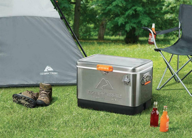 OZARK TRAIL® STAINLESS STEEL COOLER WITH BUILT-IN BOTTLE OPENER -- Big Box mart price $163 -- Our price $88! in Fishing, Camping & Outdoors