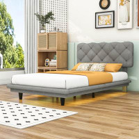 Ebern Designs Twin Size Upholstered Bed with Light Stripe and Adjust Headboard
