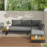 Hokku Designs Aluminum Patio Furniture Set, Outdoor L-Shaped Sectional Sofa With Plastic Wood Side Table And Soft Cushio