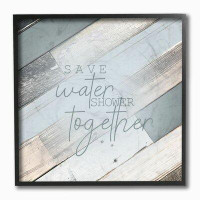 Ebern Designs «Save Water Shower Together Slate Blue Planked Wood Look» par Kimberly Allen - impression d'art textuel