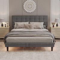Walker Edison Upholstered Platform Bed Linen Bed Frame With Lights Square Stitched Adjustable Headboard