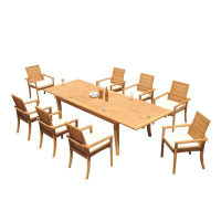 Teak Smith Grade-A Teak Dining Set: 122" Atnas Dbl Extension Rectangle Table And 8 Algrave Stacking Arm Chairs