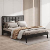 Ebern Designs King Size Bed Frame Upholstered Modern Low Profile Platform With Tufted Headboard/No Box Spring Needed/Lin