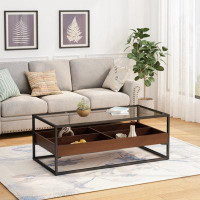 Wenty 47.24"Rectangle Glass Coffee Table With Storage Shelf And Metal Table Legs , Home Furniture For Living Room