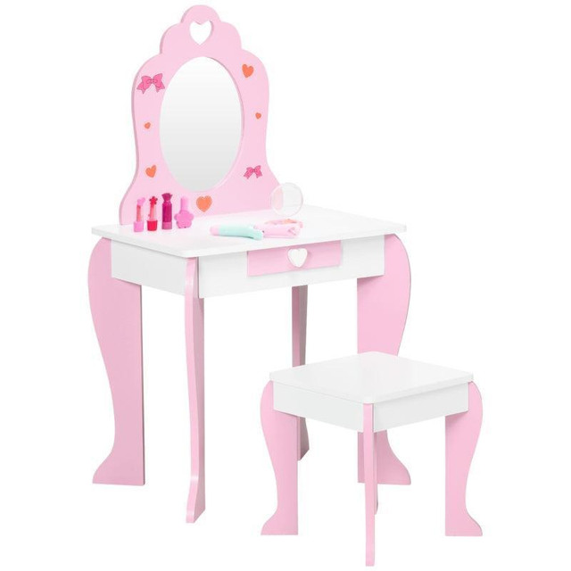 KIDS VANITY TABLE &amp; CHAIR SET GIRLS DRESSING SET WITH MIRROR DRAWER CUTE PATTERNS in Toys & Games