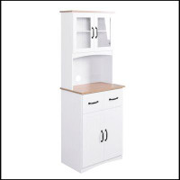 Latitude Run® Wooden Kitchen Cabinet White Pantry Room Storage Microwave Cabinet With Framed Glass Doors And Drawer