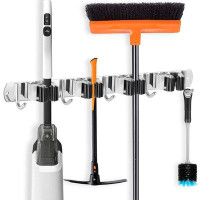 WFX Utility™ Broom Holder Wall Mounted, Stainless Steel Broom Mop Holder Self Adhesive Heavy Duty Hooks Storage Organize