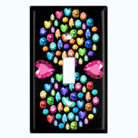 WorldAcc Metal Light Switch Plate Outlet Cover (Colourful Diamond Jewels Black Heart Circles   - Triple Toggle)