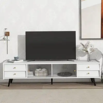 George Oliver Contemporary TV Stand with Sliding Fluted Glass Doors, Slanted Drawers Media Console