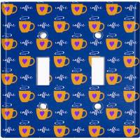 WorldAcc Metal Light Switch Plate Outlet Cover (Coffee Cups Orange Hearts Dark Blue - Double Toggle)