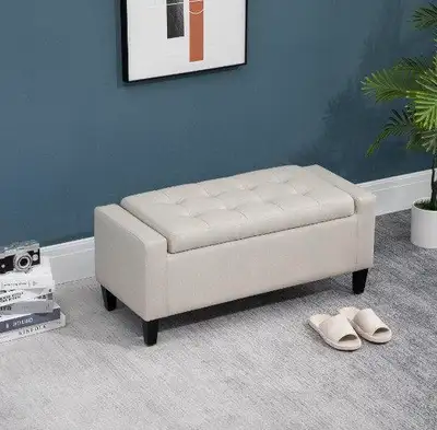 Modern Tufted Linen-Touch Fabric Ottoman Bench Seat w/ Storage Chest, Flip-up Top - Cream Beige