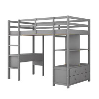 Rosefray Grey Twin Loft Bed With Desk, Two Drawers, And Extensive Storage Shelves - Arrives 3.24
