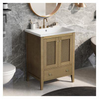 Bay Isle Home™ 24" Rattan Bathroom Vanity With Porcelain Basin With Two Doors And Drawers