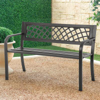 Red Barrel Studio Iron Steel Frame Patio Bench with Mesh Pattern and Plastic Backrest Armrests