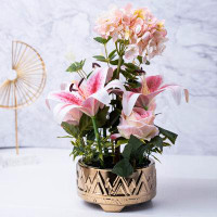 Primrue Faux Plant, Lilies and Rose in Golden Ceramic Planter
