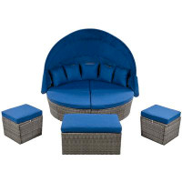 Bungalow Rose Outdoor Rattan Daybed Sunbed With Retractable Canopy Wicker Furniture, Round Outdoor Sectional Sofa Set, B