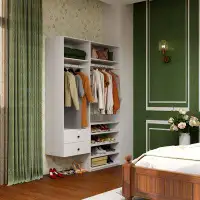 Latitude Run® White Manufactural Wooden Closet System Wardrobe with 2 rods 6 shelves and 2 drawers