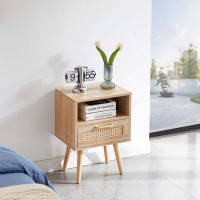 Wrought Studio 15.75" Rattan End Table With  Drawer And Solid Wood Legs