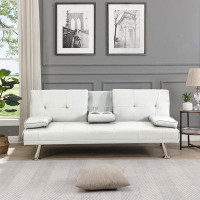 Ebern Designs Sofa Bed With Armrest, Two Holders - Wood Frame, Stainless Leg, Futon In White Pvc