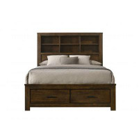 Red Barrel Studio Alissabeth Queen Bed With Bookcase Headboard, Solid Wood, Oak Brown Finish