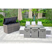 Moda Furnishings Dromio Gas Fire Pit Dining Table Set, 6 Chairs, 4 Ottomans And A Storage Box
