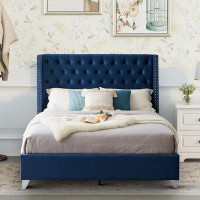 House of Hampton Modern Stylish Queen Size Fabric Upholstered Platform Bed Frame with Winged Headboard