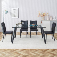 George Oliver Modern Dining Set: Glass Table & 4 Black Chairs. Tempered Glass Top, Metal Legs. Black Pu Chairs Included.