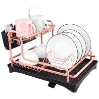 KOVOME Aluminum Dish Rack And Drain Board With Utensil Holder, 2-Tier Kitchen Plate Cup Dish Drying Rack Tray Cutlery Di