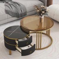 Mercer41 Nesting Tables with Brown Tempered Glass and High Gloss Marble Tabletop
