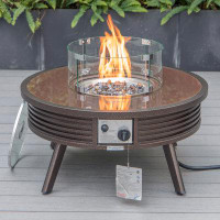 Corrigan Studio Corrigan Studio Walbrooke Modern Brown Round Slats Design Patio Fire Pit Table With Wind Guard — Outdoor