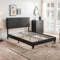 Latitude Run® Queen Size Upholstered Platform Bed Frame ,Wood Slat Support, Easy Assembly,Black, Pu