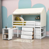 Harper Orchard Brunetti Kids Twin Size Wood Loft Bed with Shelves and Drawers,Desk