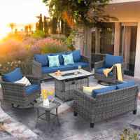 Ebern Designs Kaniha Rattan Wicker 7 - Person Seating Group With Fire Pit And Cushions