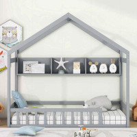 Harper Orchard Wooden Full Size House Bed with Storage Shelf,Kids Bed with Fence and Roof