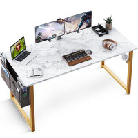 Mercer41 Gaming Desk - White Marble + Gold Leg, Multifunctional Storage