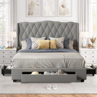 House of Hampton Queen Size Platform Bed, Velvet Fabric Upholstered Platform Bed Frame With Tufted Headboard And 3 Drawe