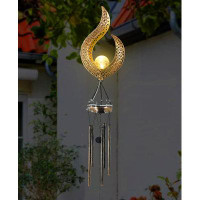 Arlmont & Co. Solar Light Metal Flame With Crackle Glass Ball Music Wind Chimes For Outdoor Landscape Garden Yard Patio