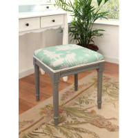 Canora Grey Mustard Chinoiserie Linen Upholstered Vanity Stool With Antique White Finish And Welting
